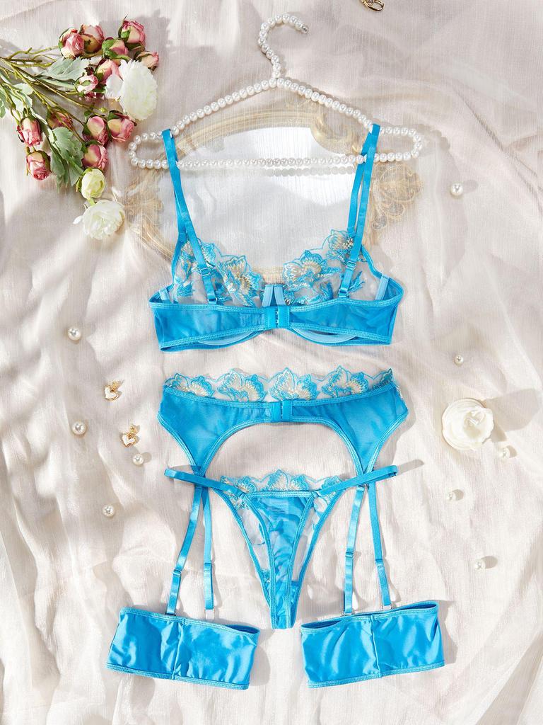 European & American Mesh Floral Embroidery Underwire Push-Up See-Through Temptation Lingerie Stocking Set.