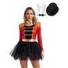 Womens Circus Ringmaster Costume Set Mock Neck Patchwork Bodysuit Complete Hat Bow Collar Gloves