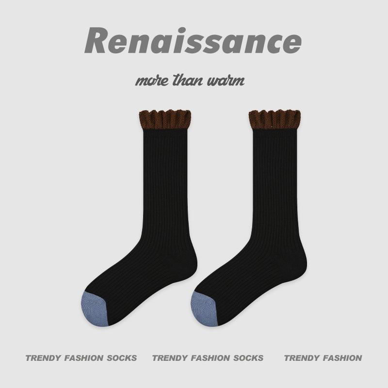 Renaissance Women's Blue-Gray Color Block Mid-Calf Socks - Autumn Winter, Bone-Free, Simple Style