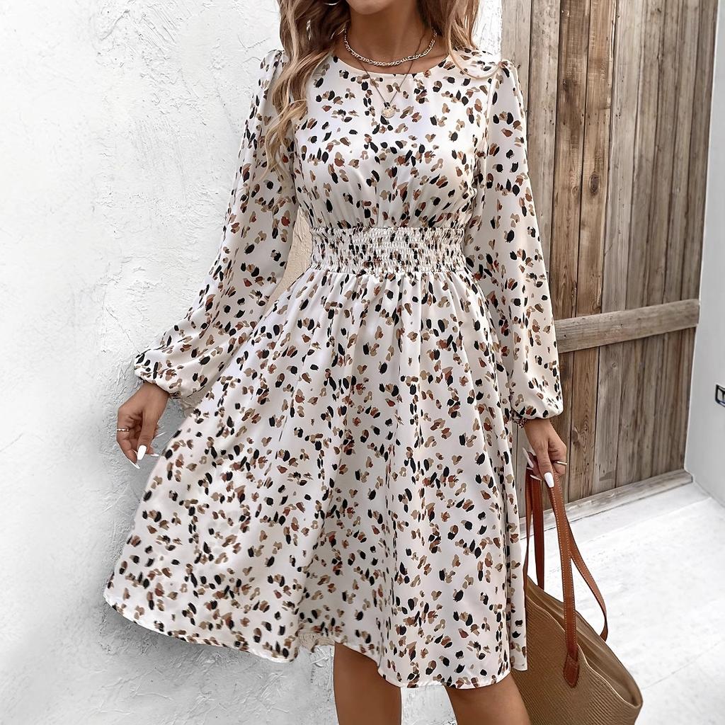 Spring and Summer New French Print All-match Round Neck Long Sleeve Waist Dress