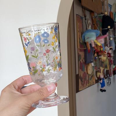 Retro French Romantic Goblet, Spring Flower Glass Dessert Cup, Niche Simple Milk Cup, High Temperature Resistance