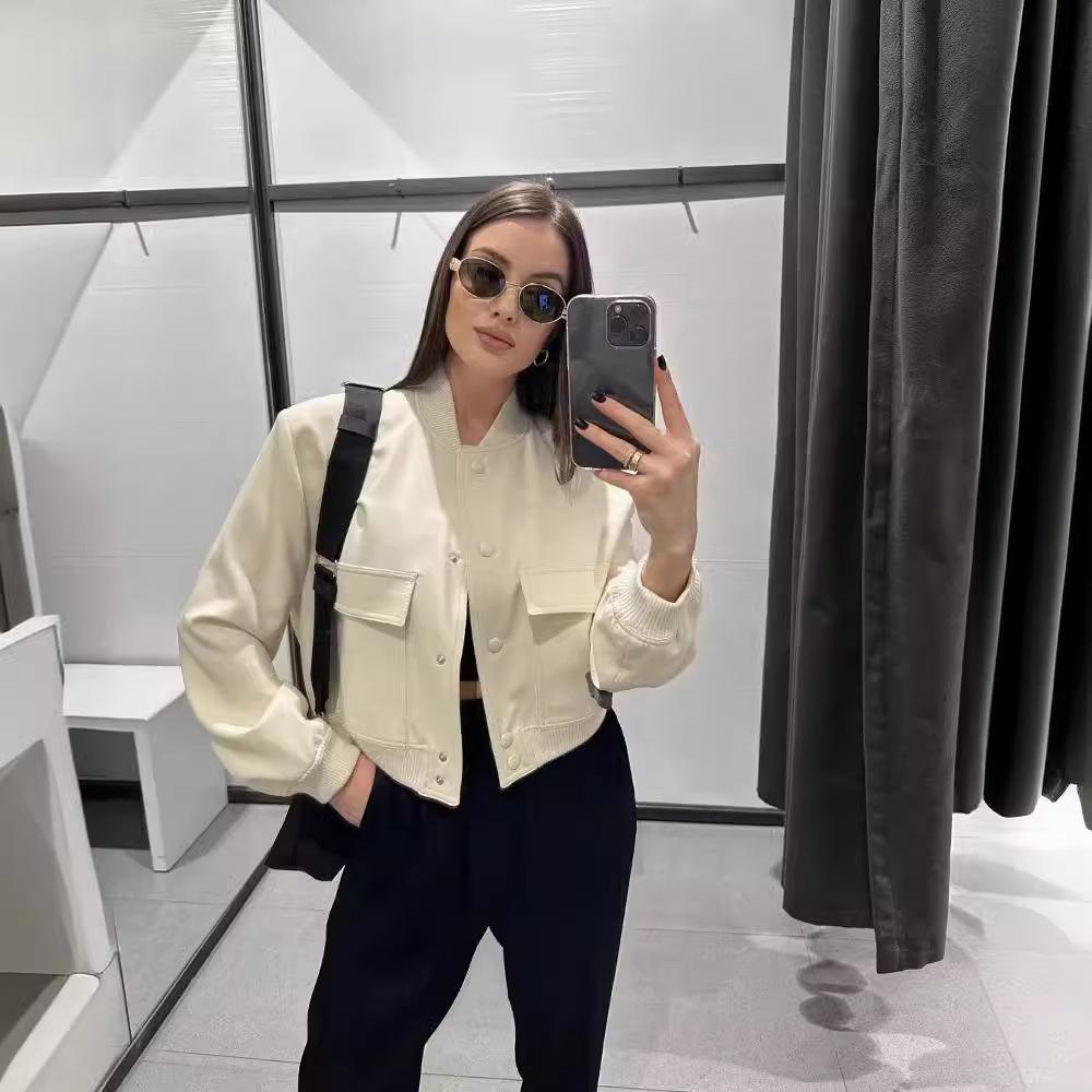 2026 Spring Women's Stand Collar Jacket with Large Pockets, Minimalist Solid Color Casual Coat for Daily Streetwear, Lightweight Outerwear