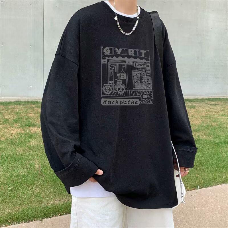 

2024 Мужская футболка с длинными рукавами Осенняя майка с длинными рукавами Хлопок Осенний Гонконгский стиль Печать Свободный модный топ M