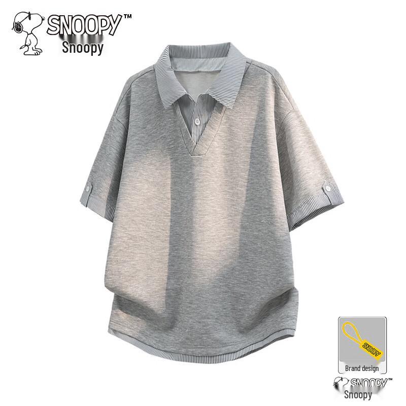 Snoopy Men s Summer Faux Two-Piece Polo T-Shirt XL серый