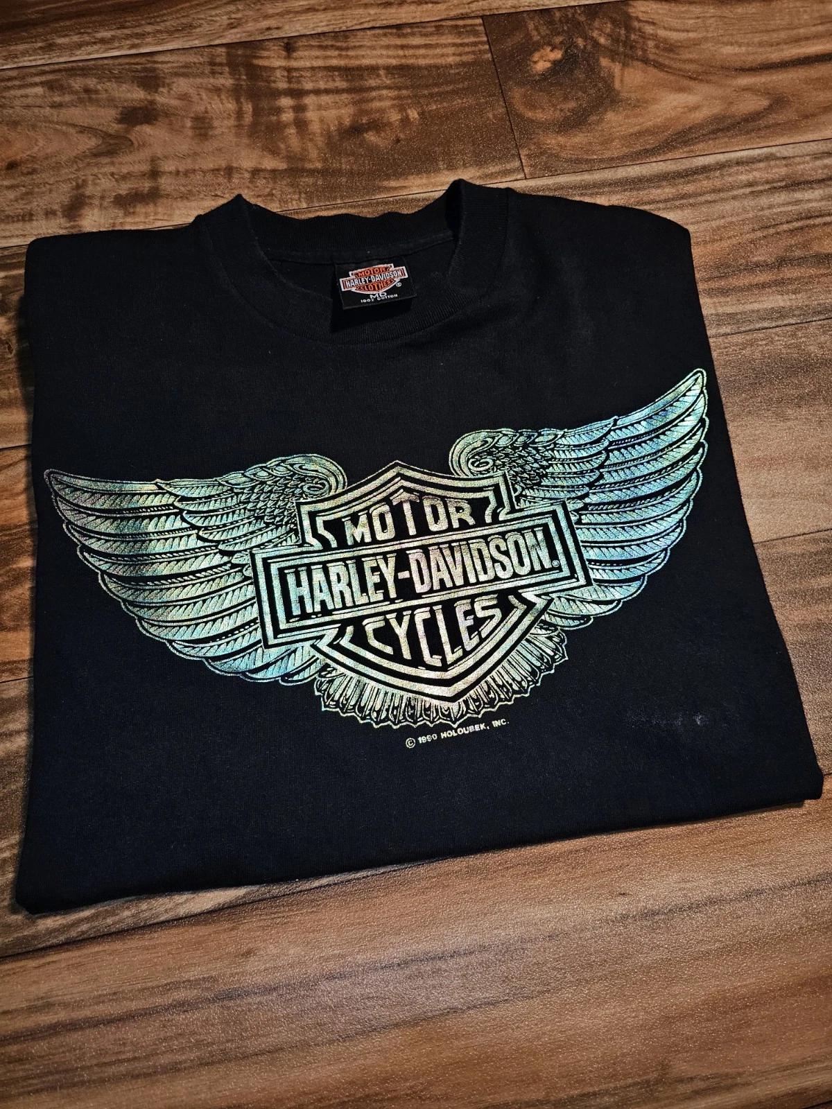 Vintage Rare Harley Davidson 1990 Wing Logo Single Stitched Black T Shirt Size M 2XL