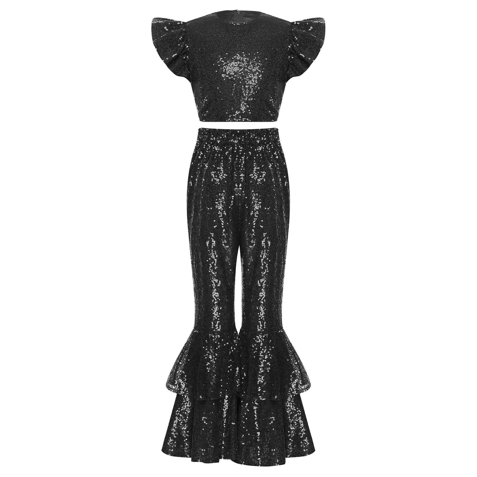 

Girls Glittery Sequin Outfit Crew Neck Ruffled Fly Sleeve Crop Top Tiered Bell Bottom Flared Pants Set 5-6 Years чорний