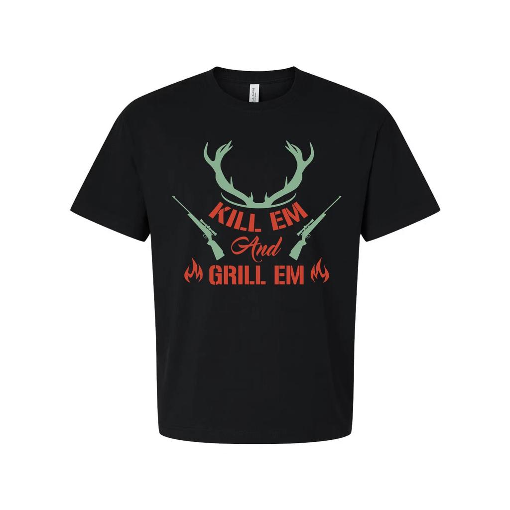 Hunting Unisex T Shirt Kill Em And Grill Em Design With Antlers And Rifles Graph