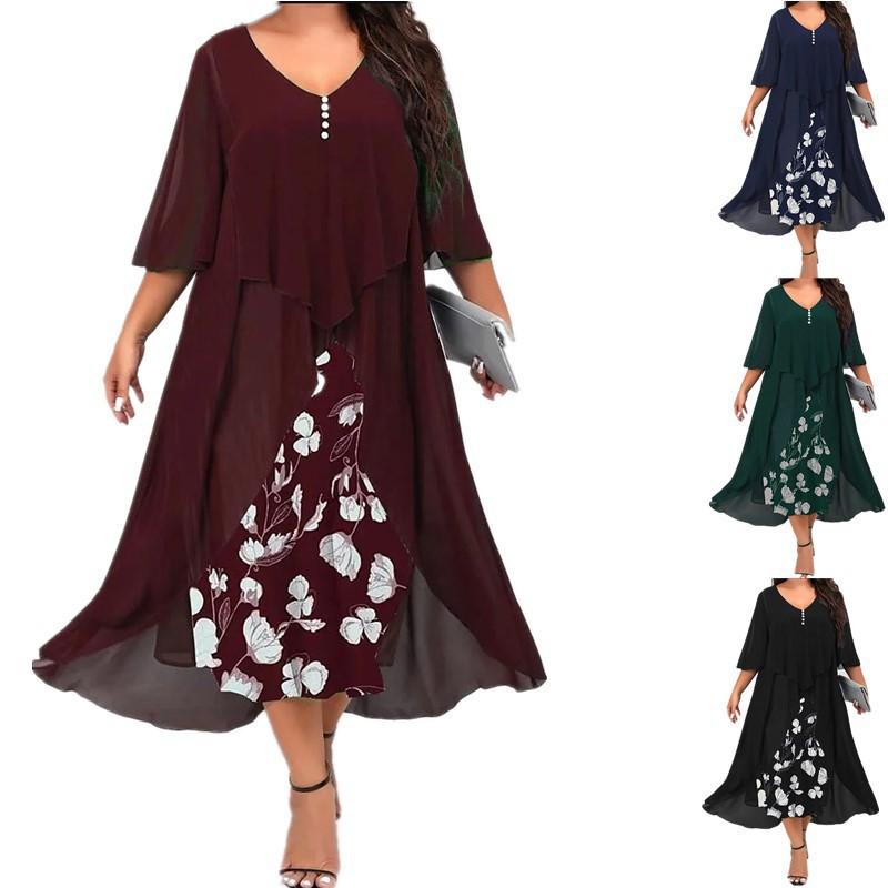 Due Vestiti da Donna in Chiffon Patchwork Finti a Manica Media Sovradimensionati