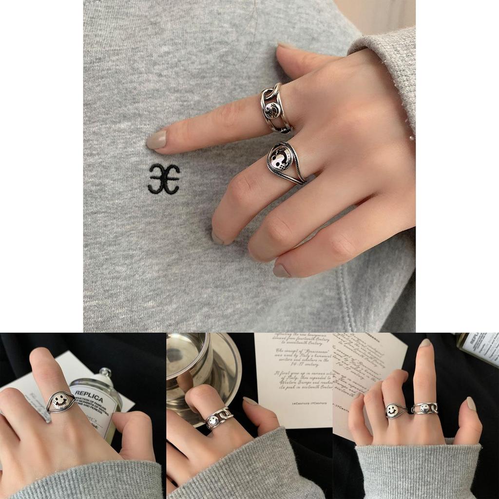 Chic Trendy And Smiley Face Ring In Retro Style 925 Silver Adjustable Jewelry For Women Girls And