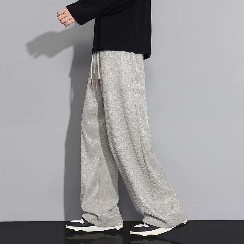 Men's White Textured Wide Leg Pants - Drawstring Waist Lightweight Casual Streetwear Trousers