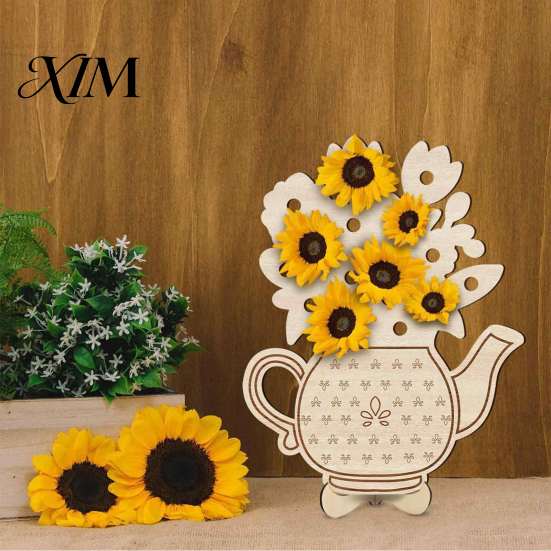 Hollow Base Decor Wooden Teapot Shape Flower Holder, Natural Wood Floral Display Stand, DIY Home Soft Furnishing Blank Vase for Artificial Arrangement