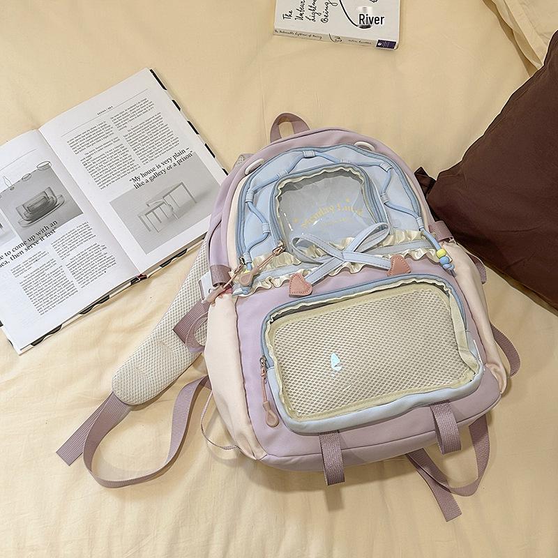 Women's Color Block College-Style Backpack with Ballet Ruffle Lace Design