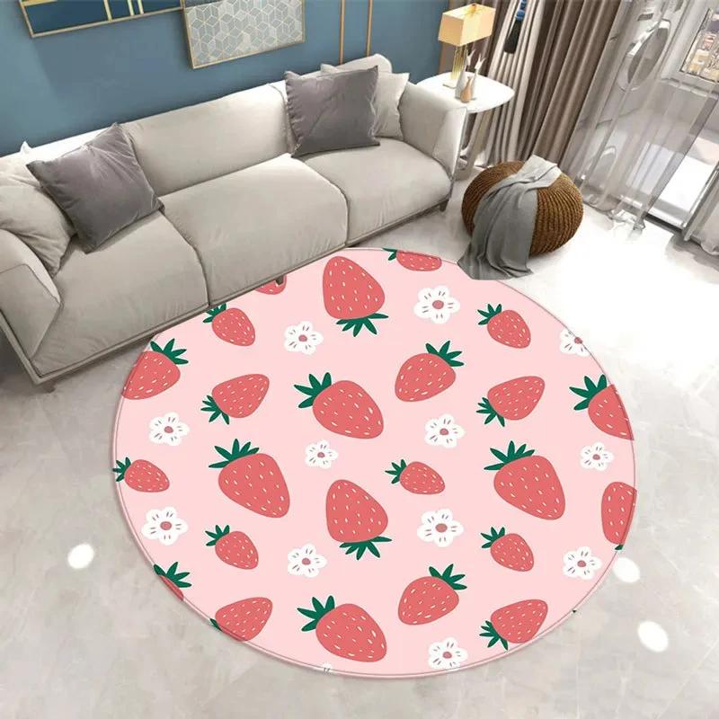 Fruit Strawberry Leaf Area Rug Round Carpet for Office Laundry Study Living Room Bedroom Circle Throw Rugs Non-Slip Floor Mat