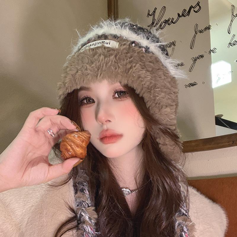 Maillard Wool Hat for Women with Winter Face Showing Small Thickened Warm Braids Ear Protection Hats with Cold Protection Versatile Plush Knit Hats