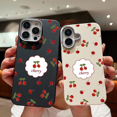 Funda de teléfono con bonito patrón de cerezas de dibujos animados para iPhone 15 16 14 Pro Max 14 Plus 12 13 Pro 11 Cubierta suave con textura de cuero a prueba de golpes