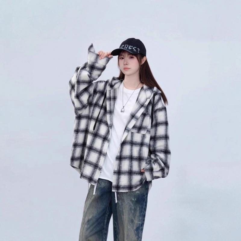 

Unisex Hong Kong Plaid Hooded Shirt Jacket - Loose Fit, Mid-Length, Casual Spring/Autumn Top Large чёрный/белый