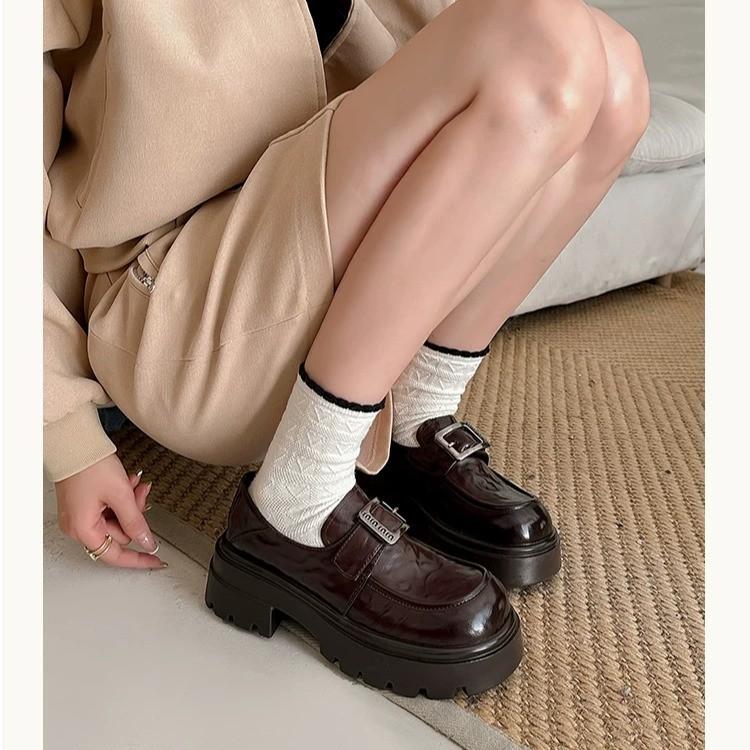 2025 Autumn New Foot Cover Thick Sole Heightened Thick Heel Loafers Women's Leather British Style Versatile Comfortable Single Shoes Women