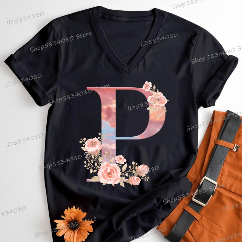 Womens Clothing Pink Flower Alphabet Classic Top Sky Alphabet Cartoon Tshirt FeUnisex Floral Letters A B C D Birthday Gift Shirt