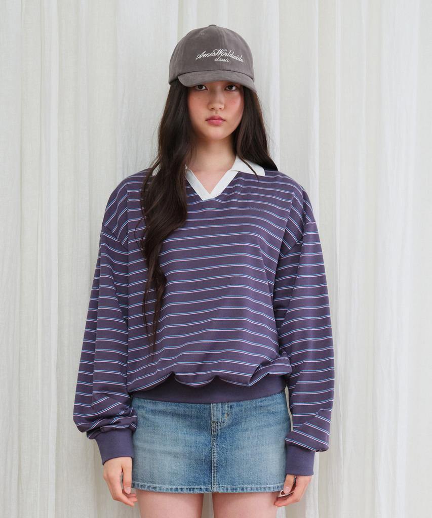 AMES-WORLDWIDE V Neck Collar Stripe Sweatshirt Purple