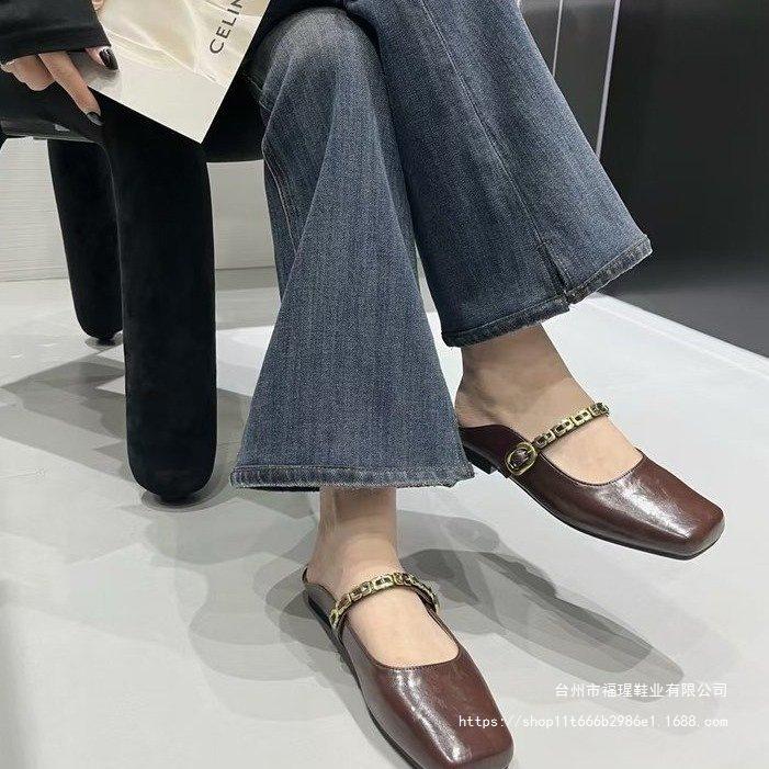 2025 Summer New Square Head Bag Head Slippers Outdoor European and American Women's Shoes Shallow Mouth Half Drag Sandals Net Red Casual Versatile