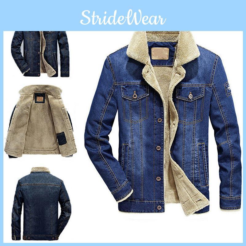 Men's Jean Jacket With Fur Collar Lined Winter Warm Casual Denim Coat M-6xl