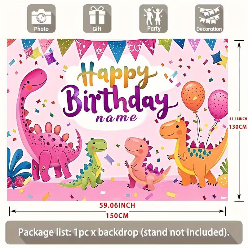 Cute Pink Dinosaur Birthday Backdrop, 100cm Customizable Name Party Background Banner for Girls Kids Birthday Decor