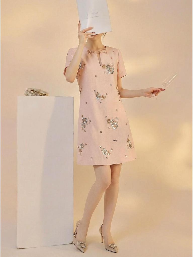 Chinese National Style Embroidered Summer Dress with Beading In Floral A-line Design