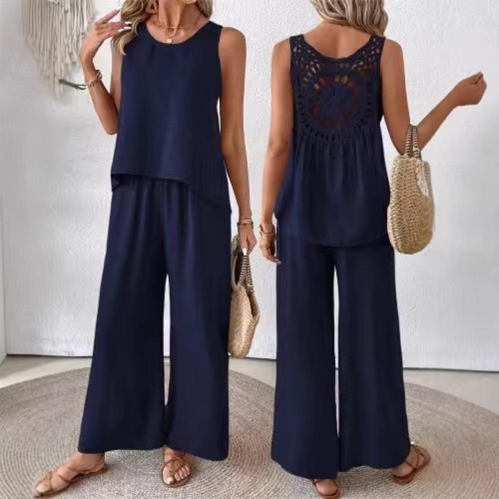 Set da donna casual alla moda, tinta unita, schiena con intaglio floreale, elegante, due pezzi