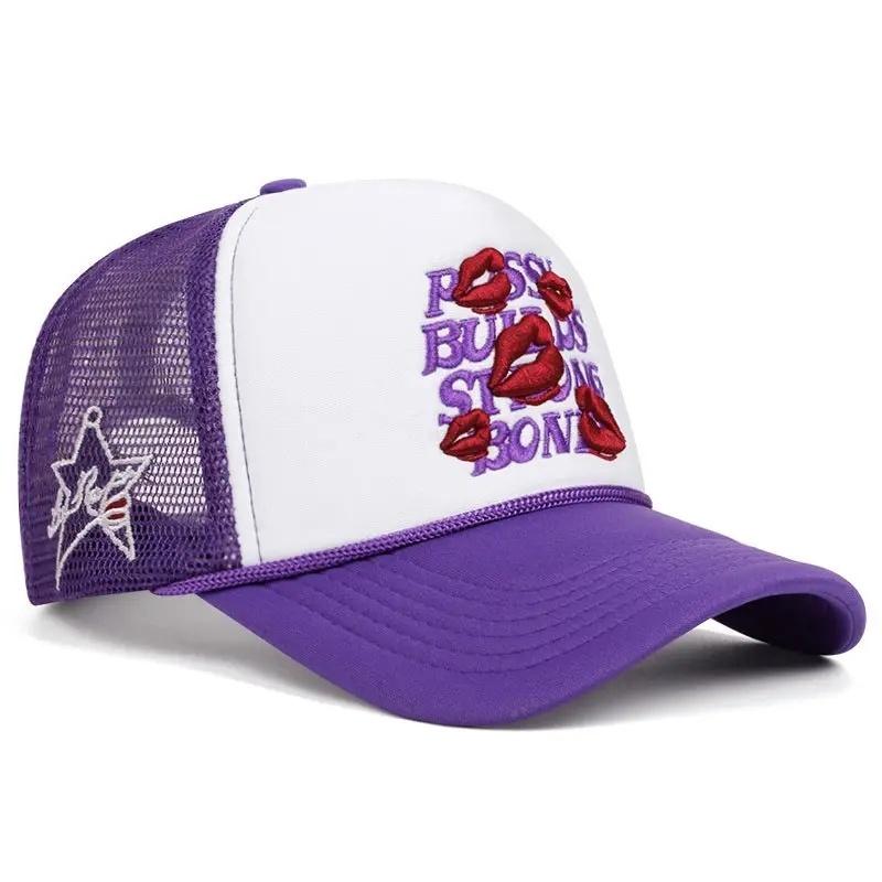 lip print 3D embroidery women men outdoors baseball cap Summer shading breathability Hip hop mesh cap trucker hat