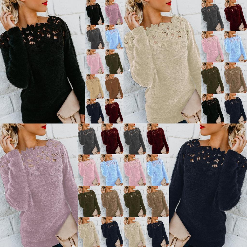 Cozy Women's Autumn Winter Fleece Sweater Tops With Elegant Lace Design For Style