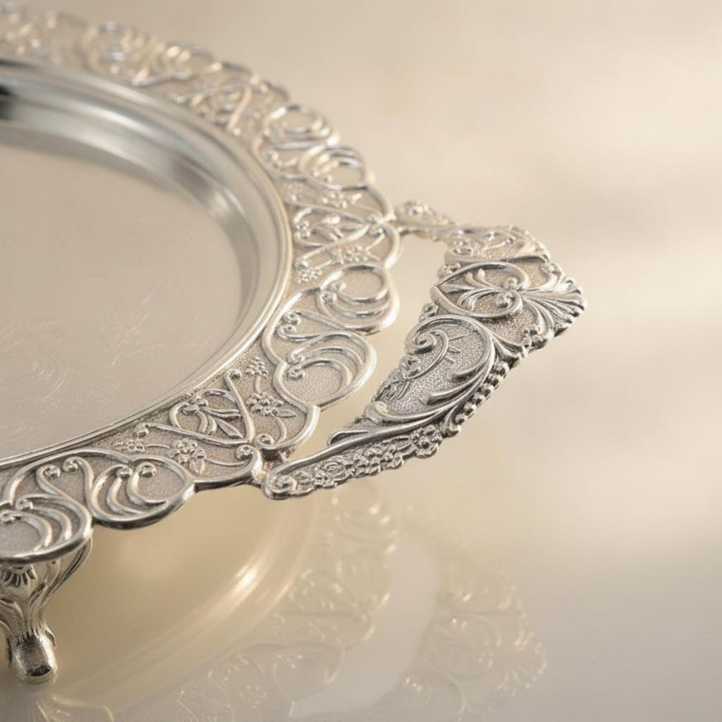 Serving Platter with Feet Silver Handles Floral Ornate Metal Tray for Hosts,