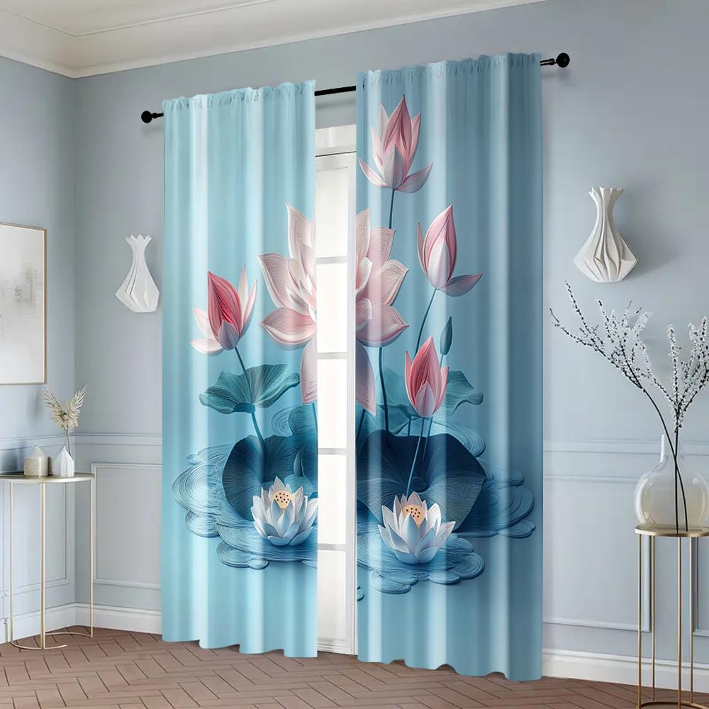 2pcs   Print Curtains 2D print light blue lotus Polyester (without rod) All Seasons for Bedroom   Living Room
