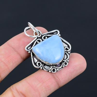 Natural Owyhee Blue Opal Bezel Sister Handcrafted Pendant 925 Sterling Silver