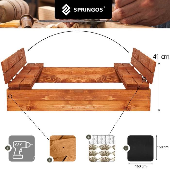 Holz-Sandkasten - SPRINGOS - 2026 - 120x120 cm - Imprägniertes Massivholz - Klappbare Bänke/Abdeckung