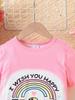 Two-piece Little Girl Set - 4-7 Years Old - Rainbow Embroidered Flower Letter Short-Sleeved Top - Black Short-Sleeved Casual Two-Piece Set