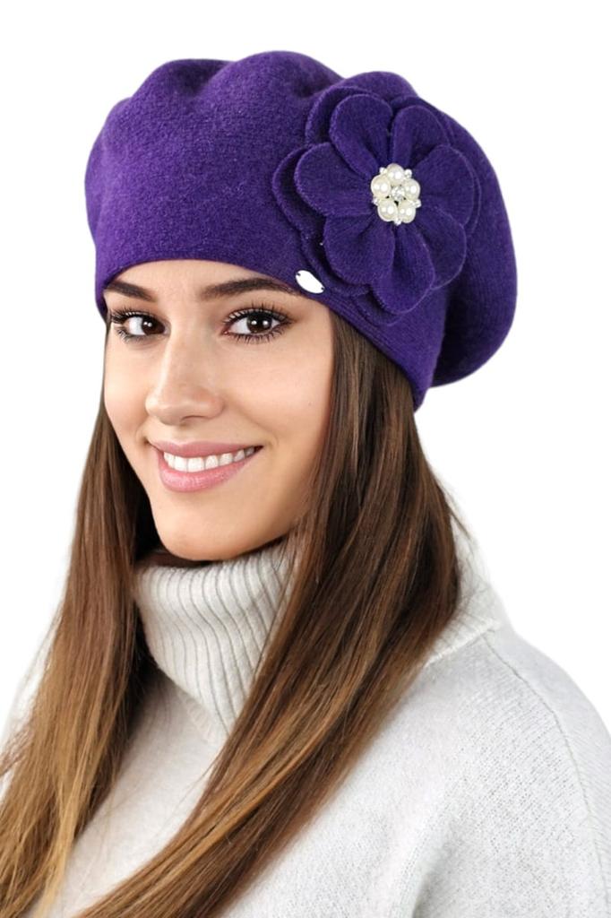 Calla Wool Beret on a High Leg with a Flower, Purple Color