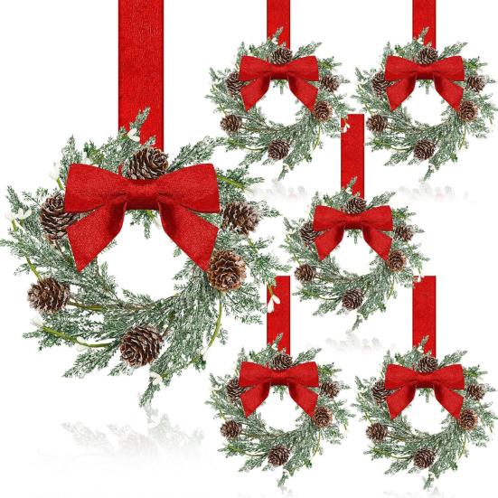 6 Pcs 6 Inch Christmas Mini Cabinet Wreaths Small Artificial Cedar Wreath with Ribbon Bow Pinecone Berry for Front Door Window Farmhouse Home