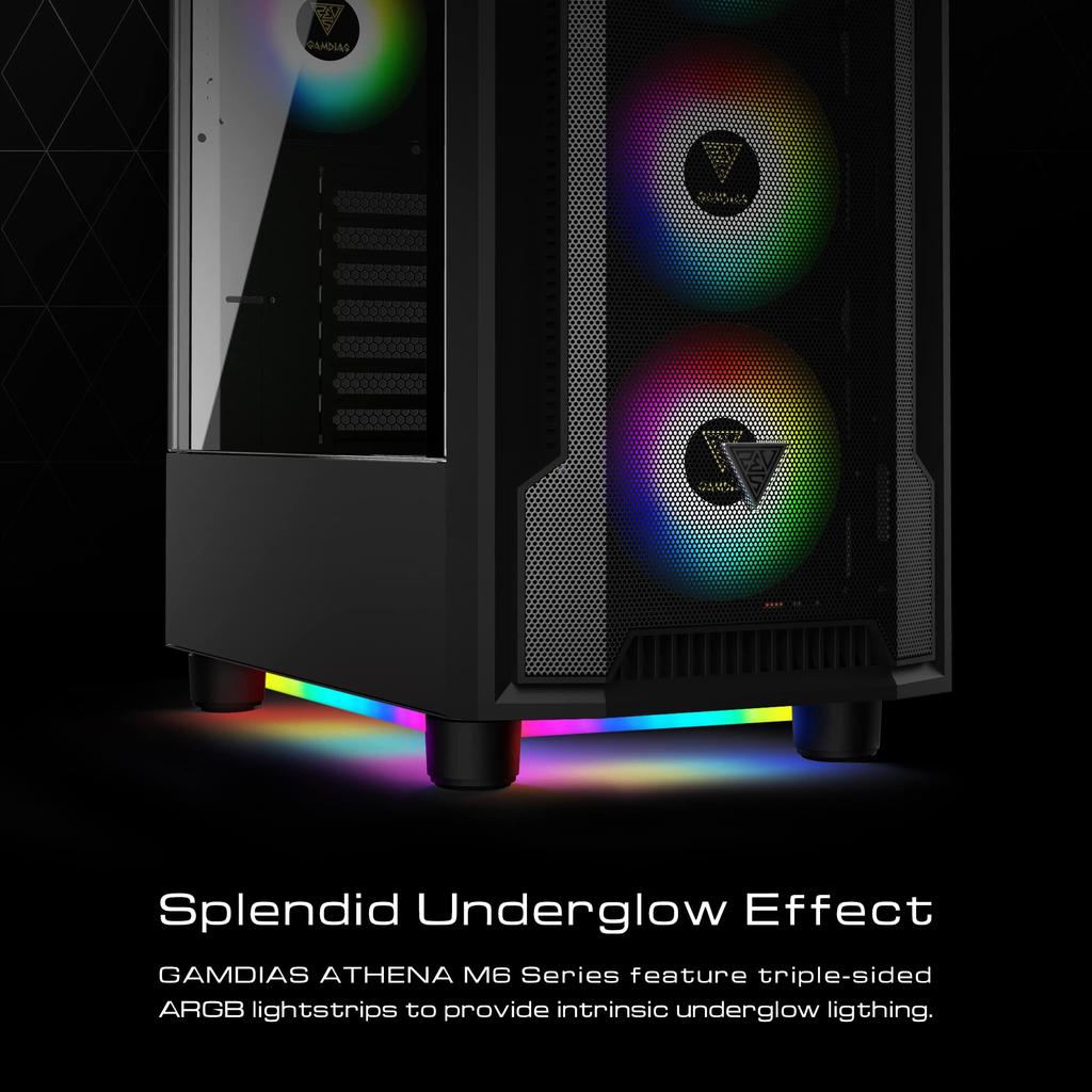 GAMDIAS ATHENA M6 LITE Gaming PC Case Mid-Tower ATX Case Seamless Tempered Glass Windows 4 Built-in 120mm ARGB Fan Triple Sides Underglow Mesh Front