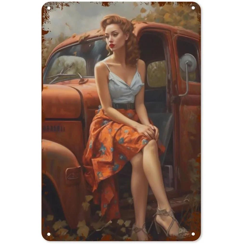 Pinup car model metal tin signs sexy girls wall plaque vintage iron painting decoration for Home Cafe Game Room club bar