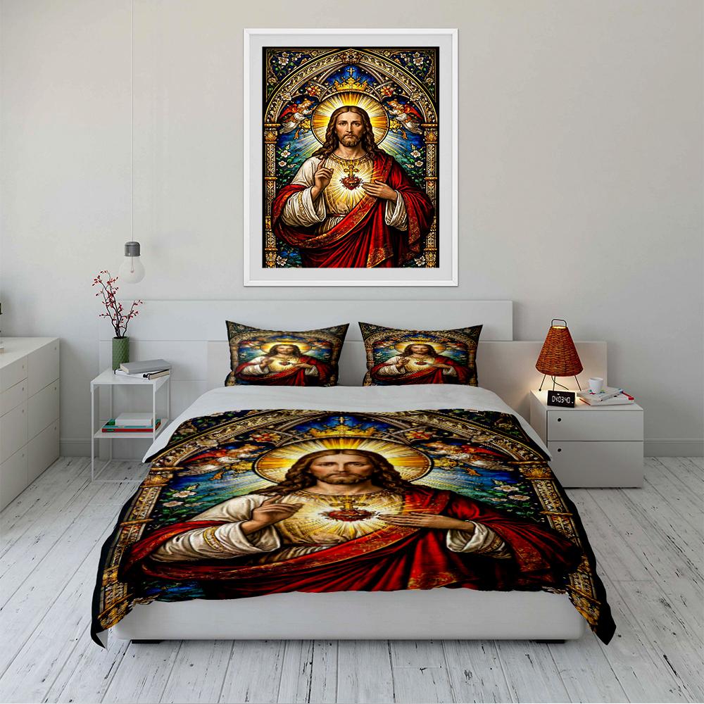 Set Biancheria da Letto Sacro Cuore di Gesù Set Biancheria da Letto con Arte Religiosa (1 copripiumino, 2 federe, piumino non incluso)