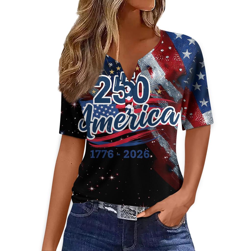 Women's T Shirt Tee Print Button Short Sleeve Daily Weekend Fashion Basic V- Neck Regular Top