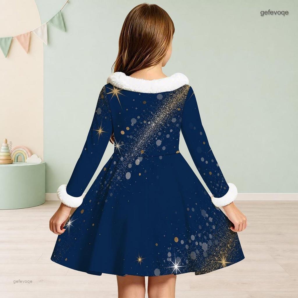 Girls Navy Blue Printed High Neck Long Sleeve A Line Flared Dress With White Fur Trim And Bow