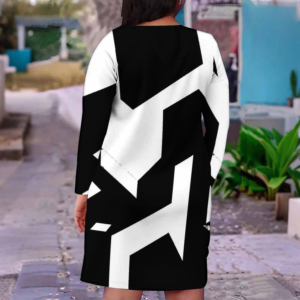 Women Plus Size V Neck Long Sleeve Black White Printed Fitted Straight Midi Dress