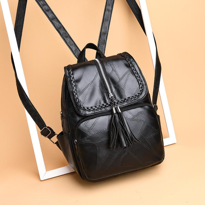Schoolbag European and American Retro Leather Women's Casual Backpack 1011 New Pu Tassel Simple Versatile Backpack High Value Women
