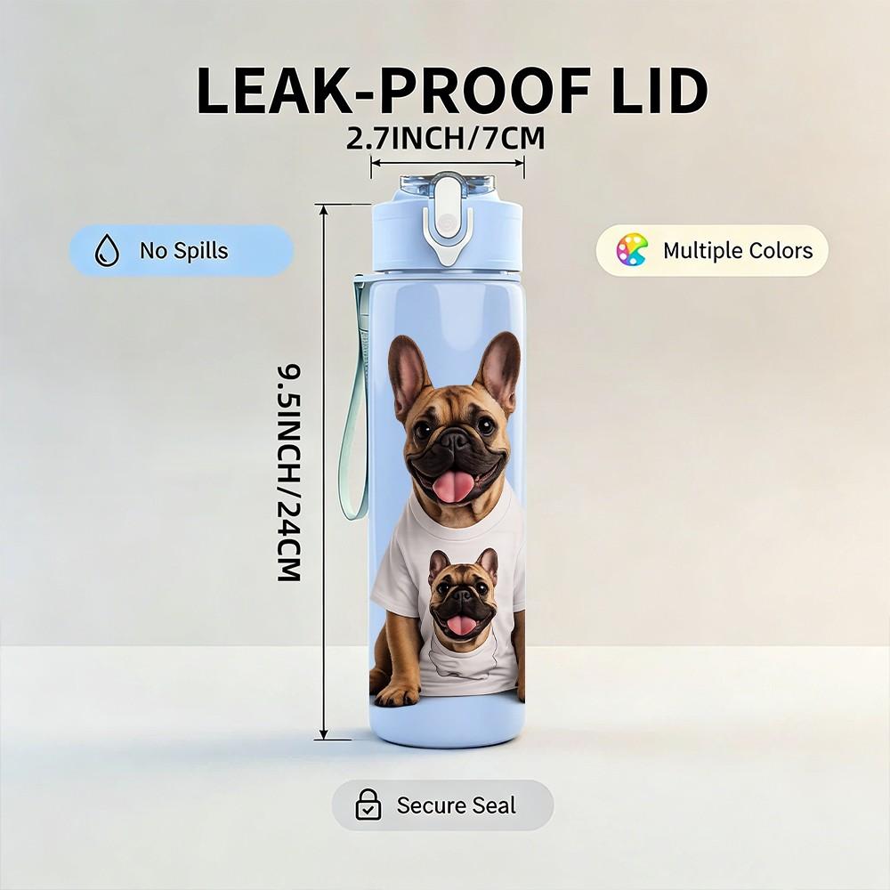 1PC French Bulldog Colorful Print 750ml Color Plastic Sports Water Bottle Leakproof Flip Straw Lid Suitable for Sports Office Home Use