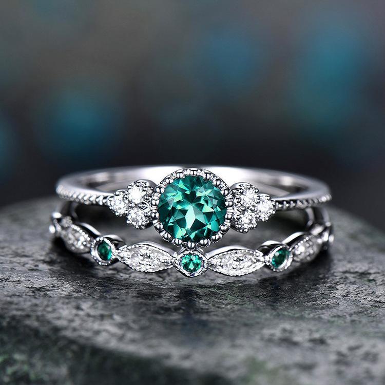 Stylish And Versatile Zircon Women'S Popular Copper-Plated Silver-Plated Micro-Emerald Rings