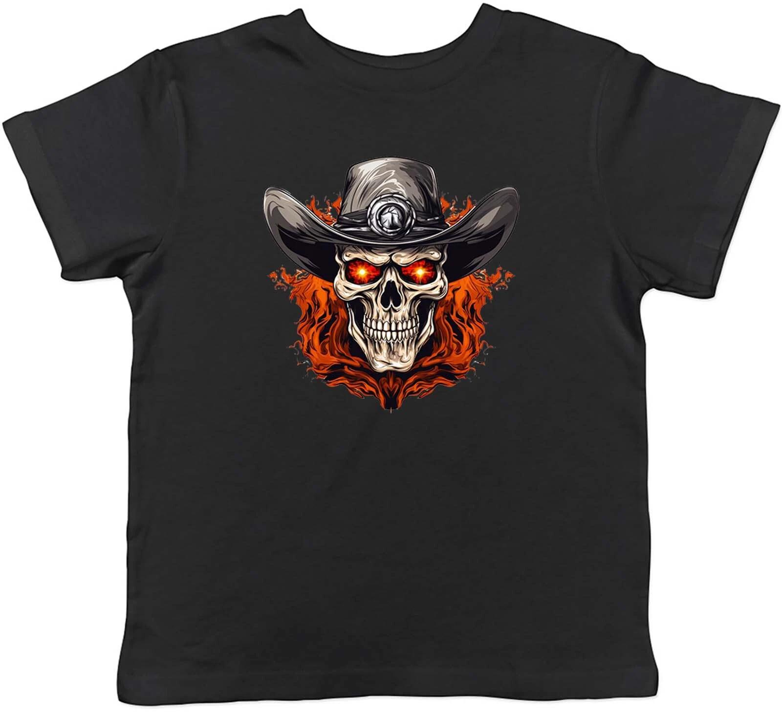 Cowboy Skull Kids T-Shirt Sleketon Head Gothic Flame Childrens Boys Girls Gift 110
