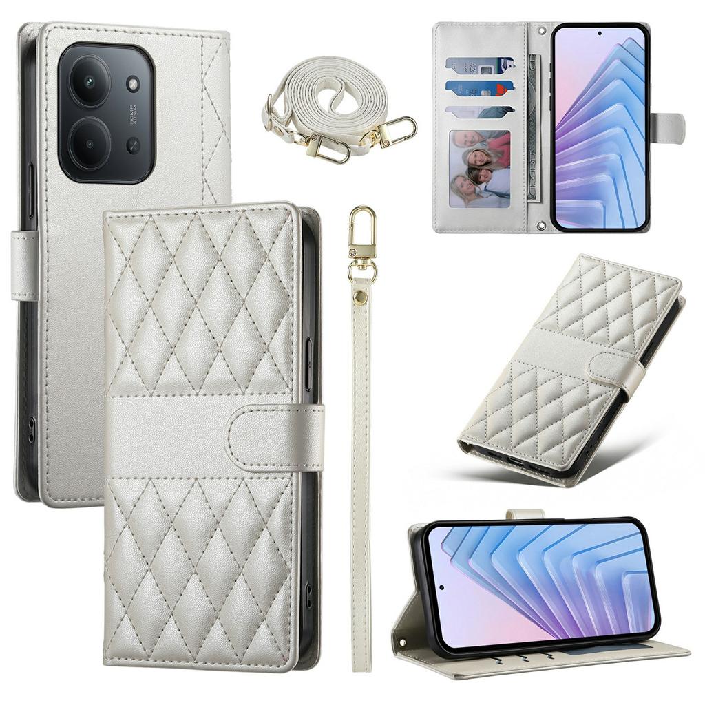 Brieftaschenhülle für Xiaomi Redmi 15C 4G (Global) (171 mm)/Poco C85 4G Rautensteppung Stand Leder Handyhülle mit langem/kurzem Riemen