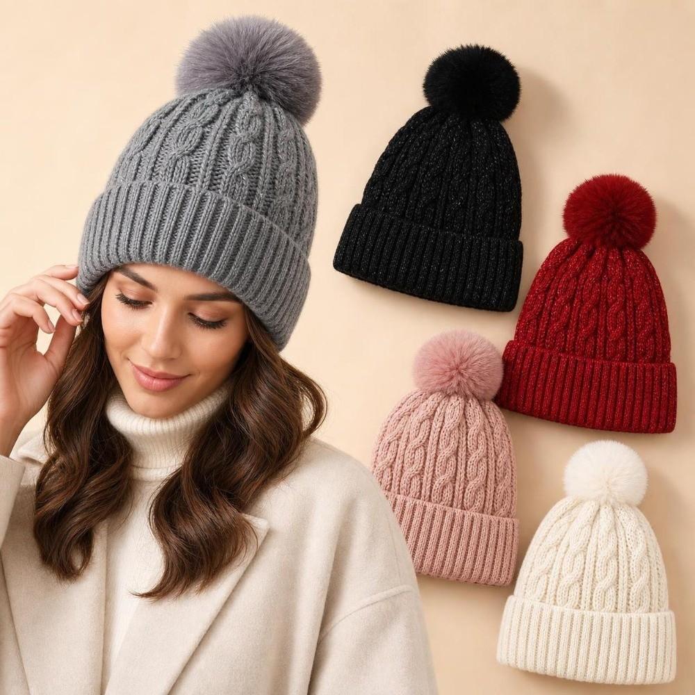 Winter Warm Pullover Cap with Fluffy Ball Beanies Cap Fashion Knitted Hat for Male Female