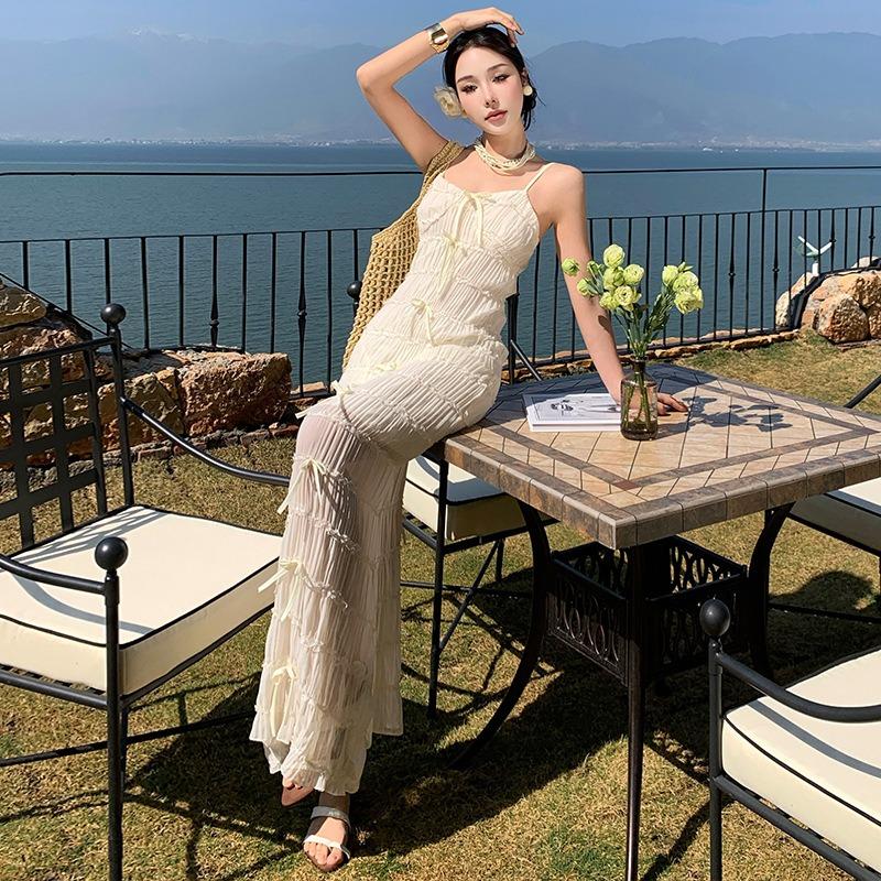 Sexy Suspender Premium Temperament Dress Pleated Lace Hip Wrap Hotel Dress Long Dress
